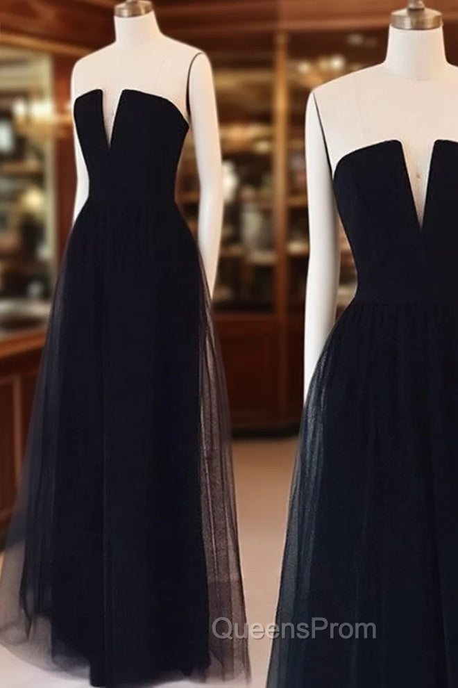 Simple Tulle Black Long Evening Prom Dress, Black Evening Dress Main image
