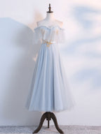 Simple Tulle Lace Gray Blue Prom Dresses, Tea Length Lace Bridesmaid Dresses