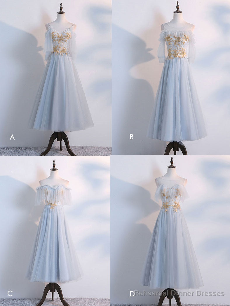 Simple Tulle Lace Gray Blue Prom Dresses, Tea Length Lace Bridesmaid Dresses