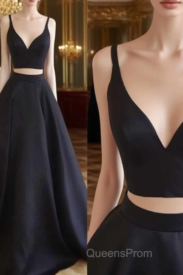 Simple Two Pieces Black Long Evening Prom Dress, Black Evening Dress Main image