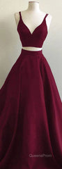 Simple Two Pieces Burgundy Long Evening Prom Dress, Burgundy Evening Dress