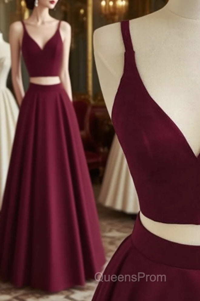 Simple Two Pieces Burgundy Long Evening Prom Dress, Burgundy Evening Dress Main image