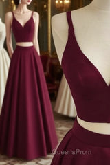 Simple Two Pieces Burgundy Long Evening Prom Dress, Burgundy Evening Dress