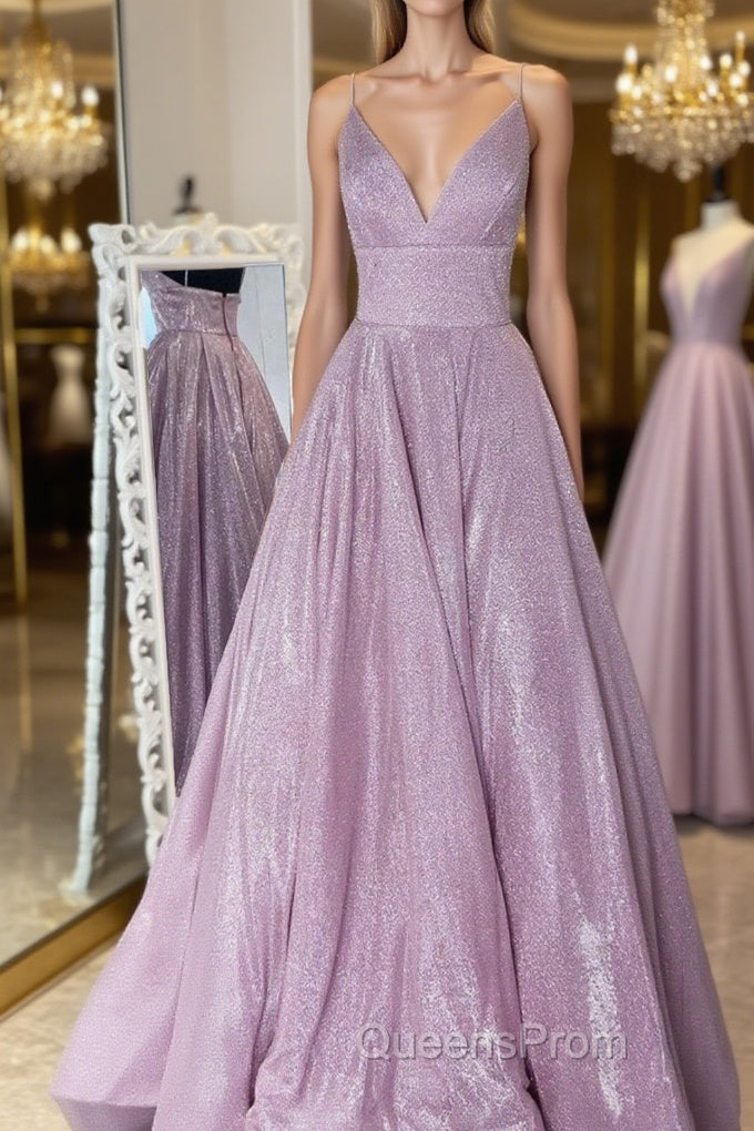 Simple v neck A-line long Evening Prom Dress sequin evening Dress Main image