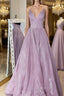 Simple v neck A-line long Evening Prom Dress sequin evening Dress