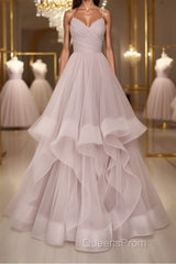 Simple v neck A-line tulle long Evening Prom Dress sweet 16 Dress