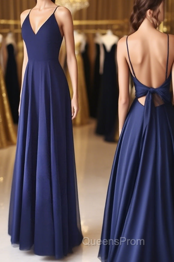 Simple V Neck Backless Blue Long Evening Prom Dress, V Neck Blue Formal Evening Dress, Blue Graduation Dress Main image