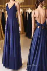 Simple V Neck Backless Blue Long Evening Prom Dress, V Neck Blue Formal Evening Dress, Blue Graduation Dress
