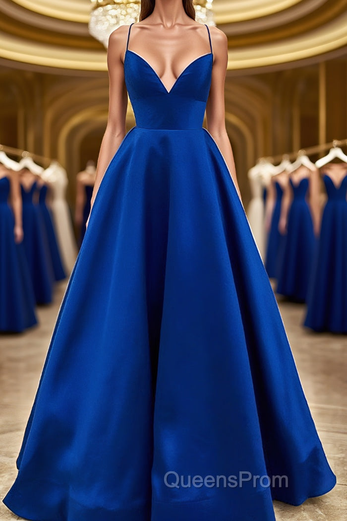 Simple V Neck Backless Royal Blue Satin Long Evening Prom Dress, Royal Blue Backless Formal Dress, Royal Blue Evening Dress, Ball Gown Main image