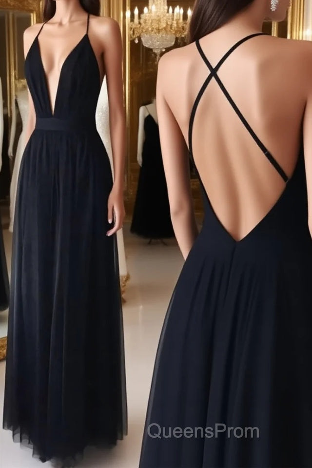 Simple v neck black tulle long Evening Prom Dress, black evening Dress Main image