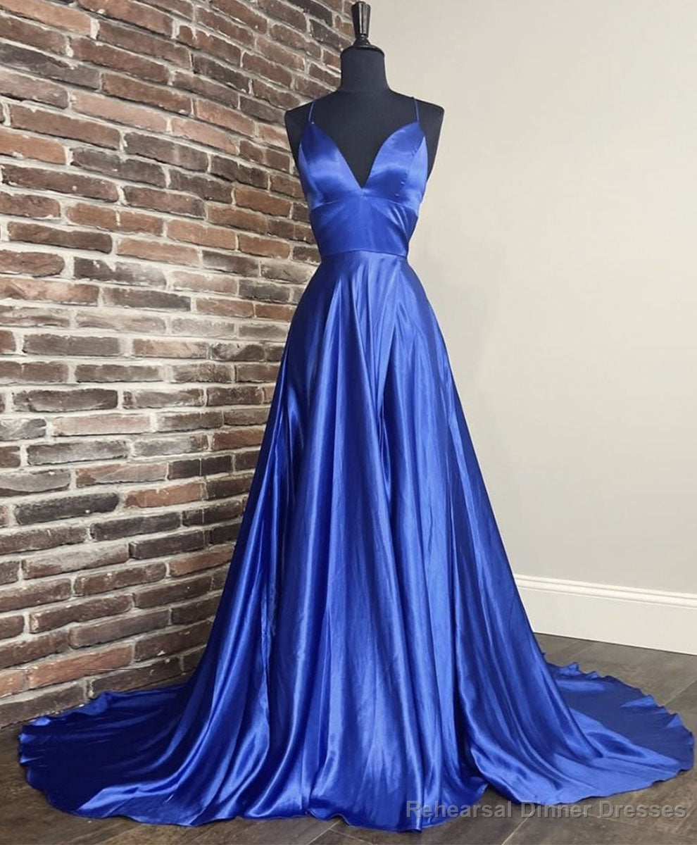 Simple V Neck Blue Satin Long Prom Dress Blue Formal Dress Main image