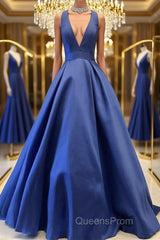 Simple V Neck Blue Satin Long Evening Prom Dress, V Neck Blue Formal Dress, Cheap Blue Evening Dress