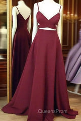 Simple V Neck Burgundy Long Evening Prom Dress, Burgundy Evening Dress