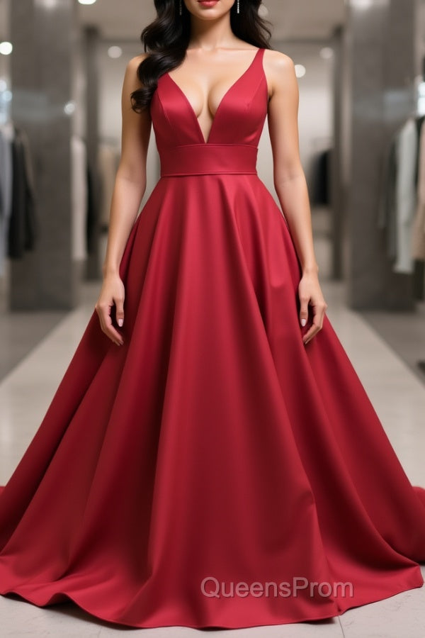 Simple v neck burgundy satin long Evening Prom Dress burgundy formal Dress Main image