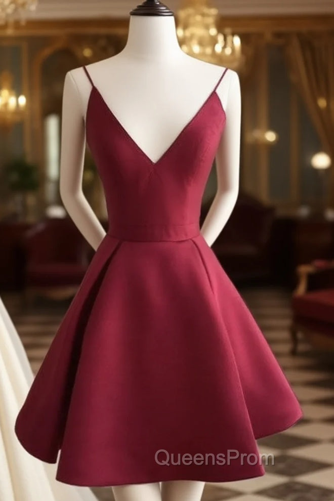 Simple V Neck Burgundy Short Evening Prom Dress, Burgundy Homecoming Dress Main image