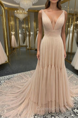Simple v neck champagne tulle long Evening Prom Dress, champagne evening Dress