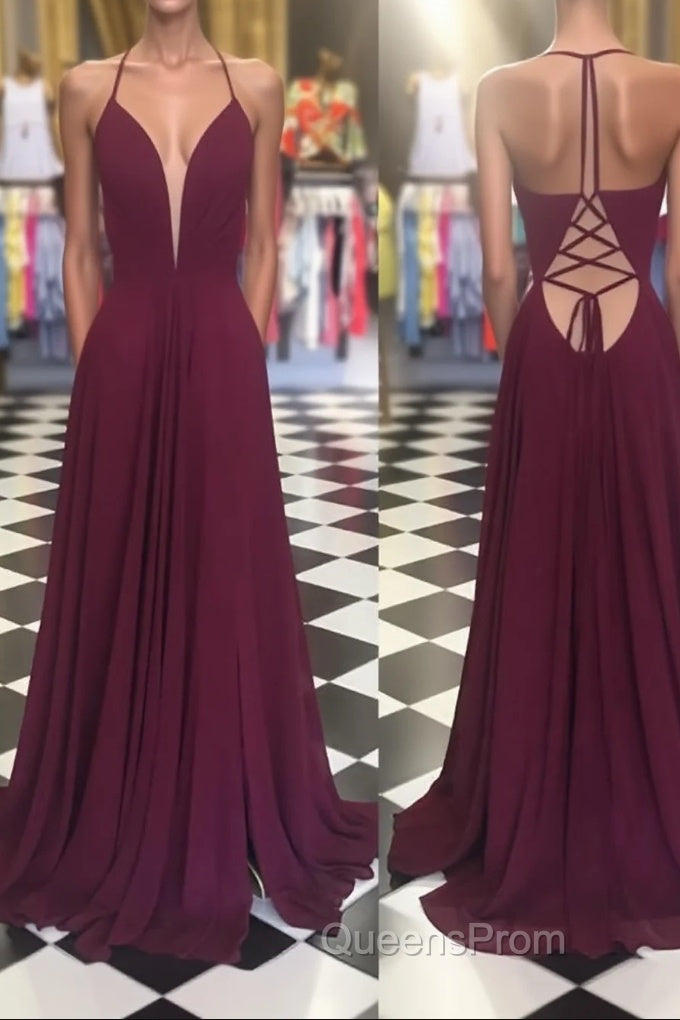 Simple v neck chiffon backless long Evening Prom Dress, Burgundy evening Dress Main image