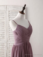 Simple V Neck Chiffon Long Prom Dress Dark Pink Bridesmaid Dress