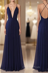 Simple V Neck Dark Blue Tulle Long Evening Prom Dress, Evening Dress