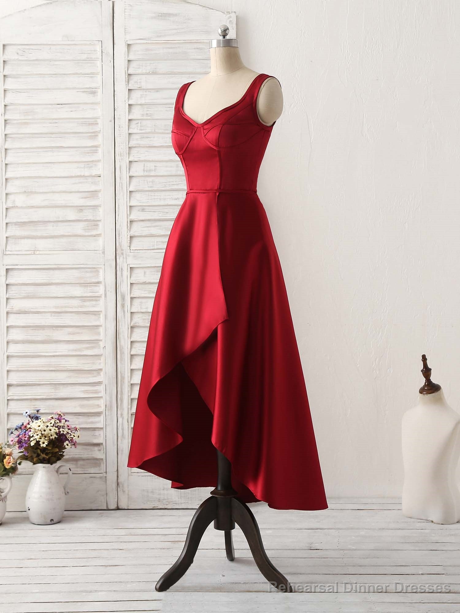 Simple V Neck High Low Prom Dress Burgundy Evening Dress Main image