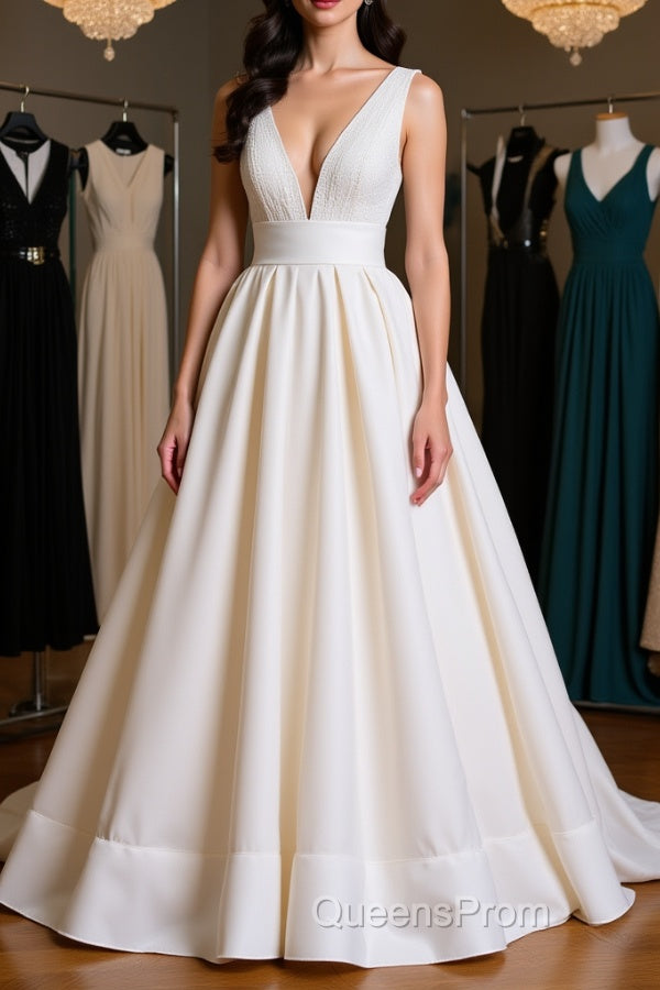 Simple V Neck Ivory Satin Long Evening Prom Dress, Open Back Ivory Formal Evening Dress, Ivory Wedding Dress Main image