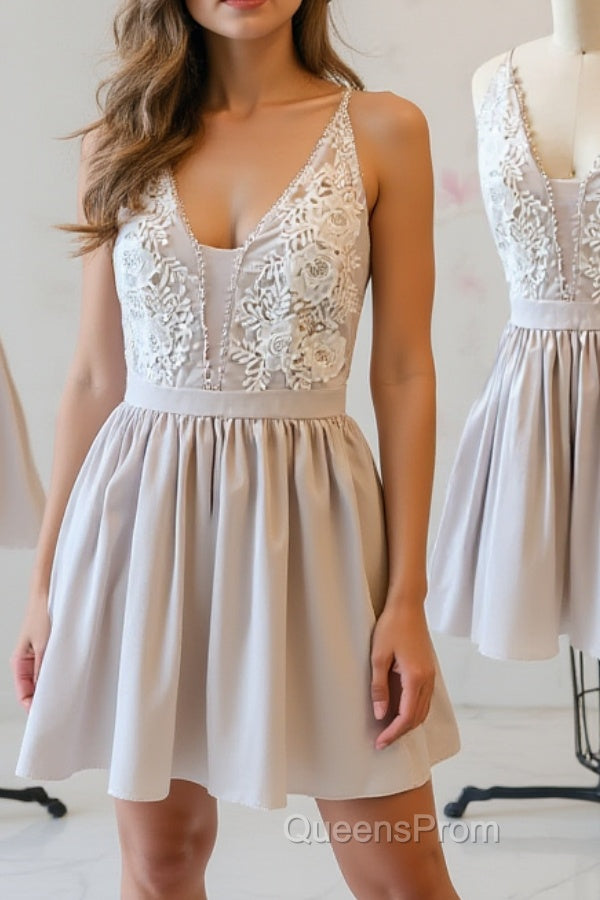 Simple v neck lace short Evening Prom Dress, homecoming Dress Main image