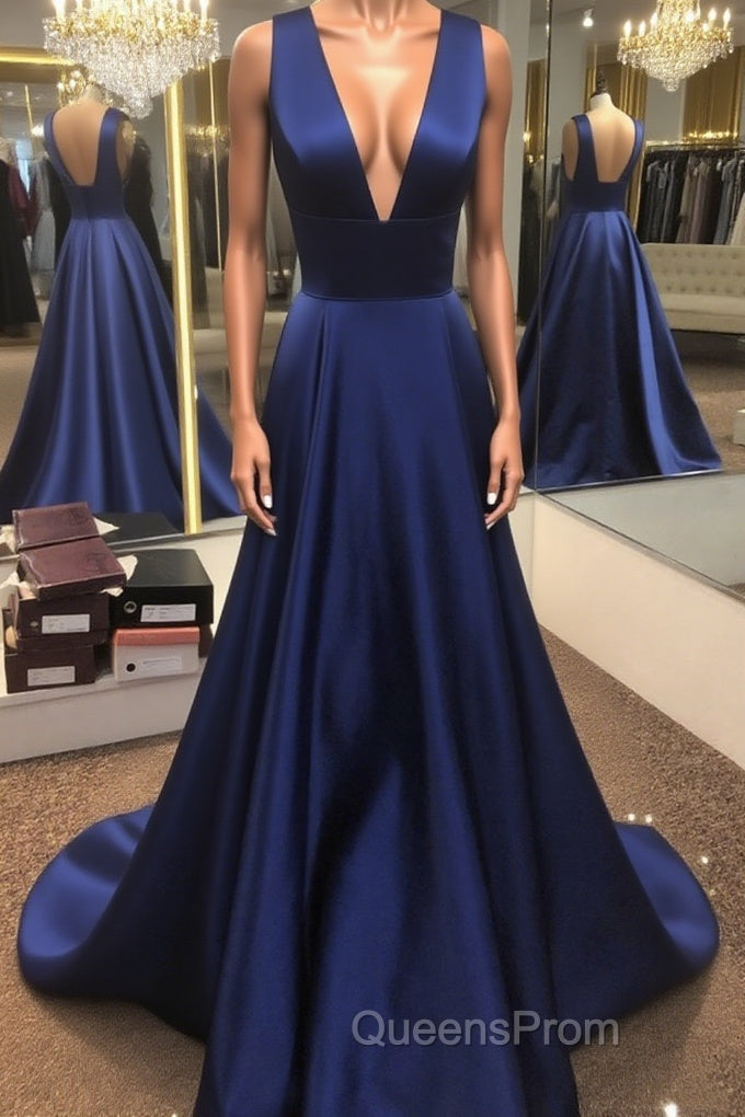 Simple V Neck Open Back Blue Long Evening Prom Dress, V Neck Blue Formal Dress, Blue Evening Dress Main image
