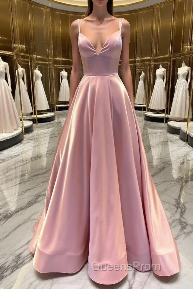 Simple v neck pink satin long Evening Prom Dress pink formal Dress Main image