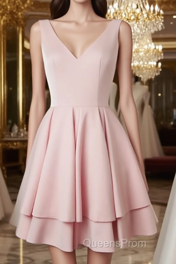 Simple v neck pink short Evening Prom Dress, cute pink homecoming Dress Main image