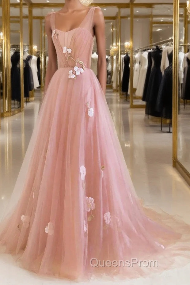 Simple v neck pink tulle long Evening Prom Dress, pink evening Dress Main image