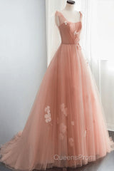 Simple V Neck Pink Tulle Long Evening Prom Dress Pink Tulle A Line Evening Dress