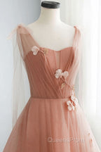 Simple V Neck Pink Tulle Long Evening Prom Dress Pink Tulle A Line Evening Dress