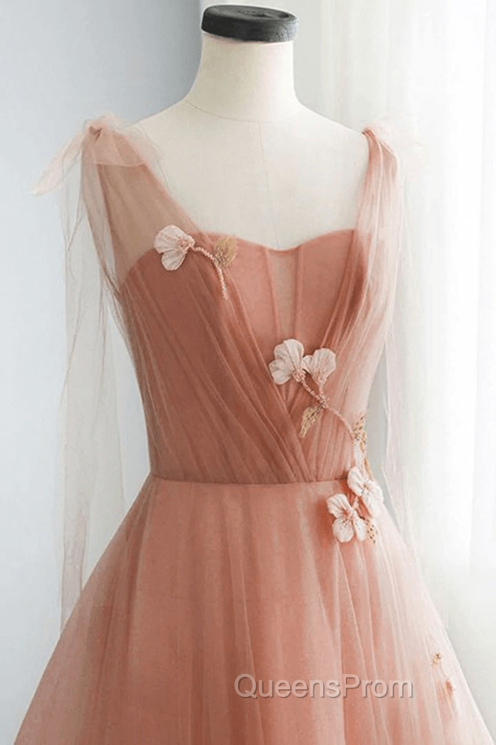 Simple V Neck Pink Tulle Long Evening Prom Dress Pink Tulle A Line Evening Dress