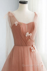 Simple V Neck Pink Tulle Long Evening Prom Dress Pink Tulle A Line Evening Dress
