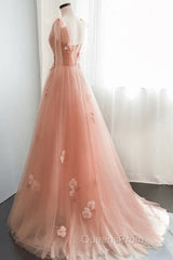 Simple V Neck Pink Tulle Long Evening Prom Dress Pink Tulle A Line Evening Dress