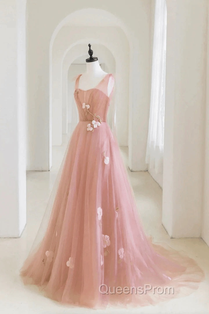 Simple V Neck Pink Tulle Long Evening Prom Dress Pink Tulle A Line Evening Dress
