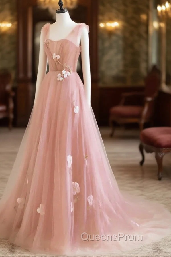 Simple V Neck Pink Tulle Long Evening Prom Dress Pink Tulle A Line Evening Dress Main image