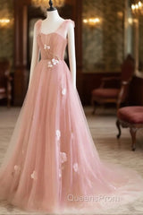 Simple V Neck Pink Tulle Long Evening Prom Dress Pink Tulle A Line Evening Dress