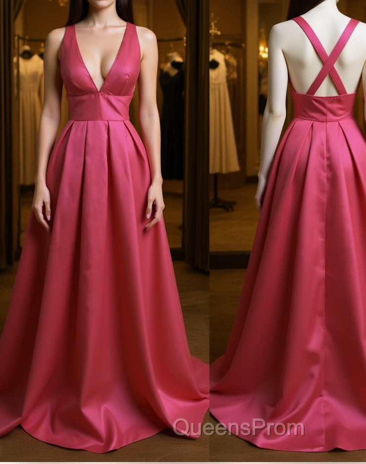 Simple V Neck Pleated Satin Long Evening Prom Dress, V Neck Evening Dress, Formal Dress, Graduation Dress Main image