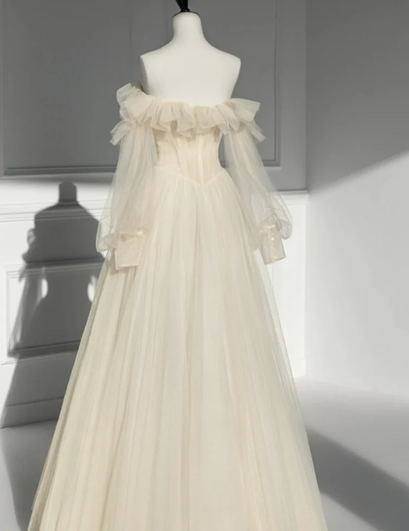 Champagne Off-The-Shoulder Gown Dress Long Sleeve Classy Prom Dress Classy Evening Dress