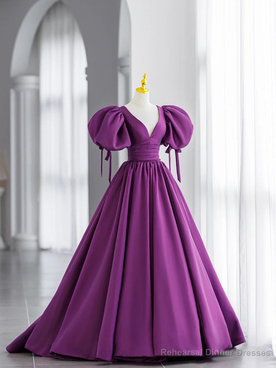 Simple V Neck Puffy Sleeves Satin Long Prom Dress, Satin Evening Dress Main image