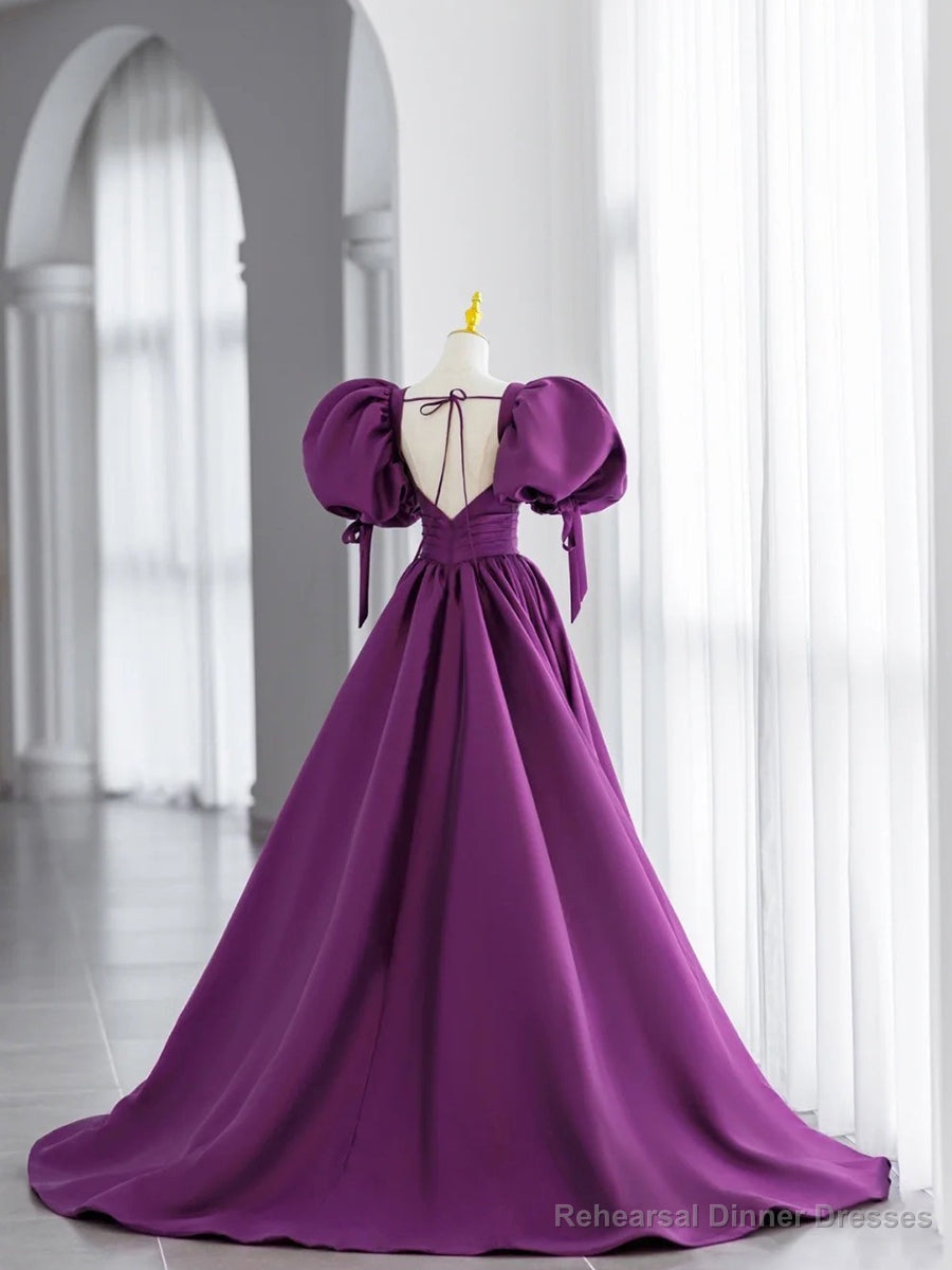 Simple V Neck Puffy Sleeves Satin Long Prom Dress, Satin Evening Dress Secondary image