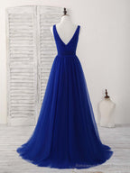 Simple V Neck Royal Blue Tulle Long Prom Dress Blue Evening Dress