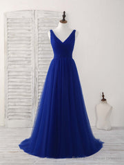 Simple V Neck Royal Blue Tulle Long Prom Dress Blue Evening Dress