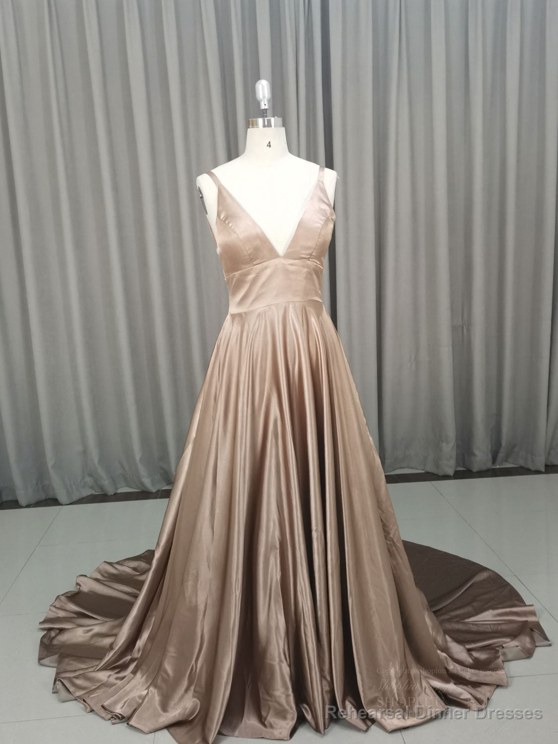 Simple v neck satin champagne long prom dress champagne evening dress Main image