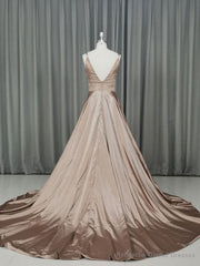 Simple v neck satin champagne long prom dress champagne evening dress