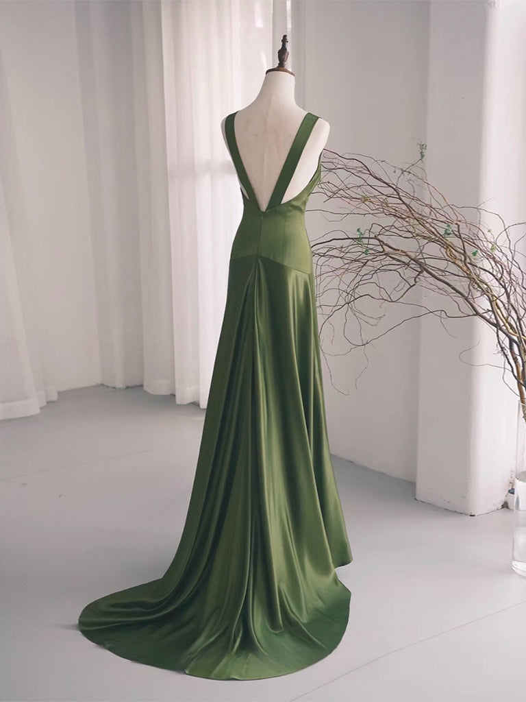 Simple V Neck Satin Green Long Classy Prom Dress, Green Long Classy Dress