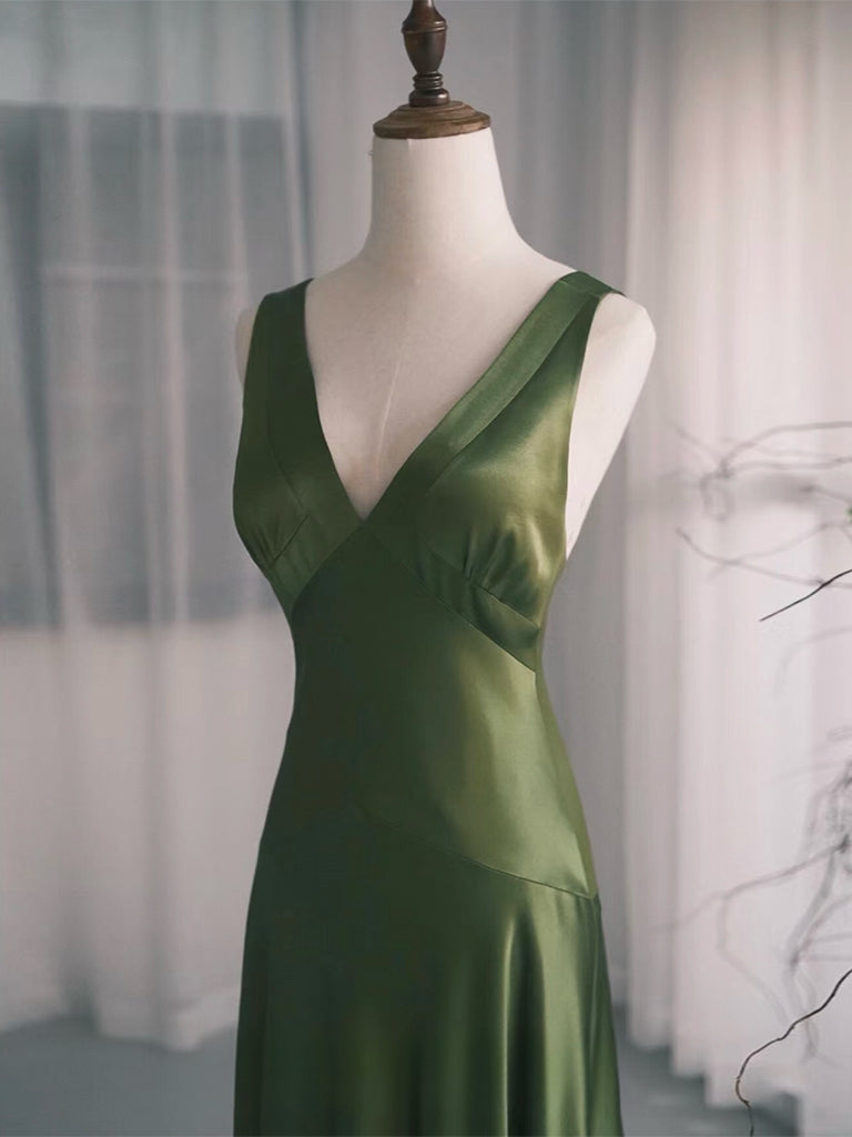 Simple V Neck Satin Green Long Classy Prom Dress, Green Long Classy Dress