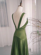 Simple V Neck Satin Green Long Classy Prom Dress, Green Long Classy Dress