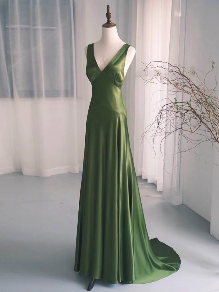 Simple V Neck Satin Green Long Classy Prom Dress, Green Long Classy Dress Main image